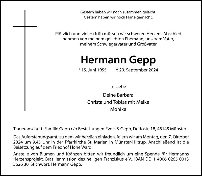  Traueranzeige für Hermann Gepp vom 02.10.2024 aus 