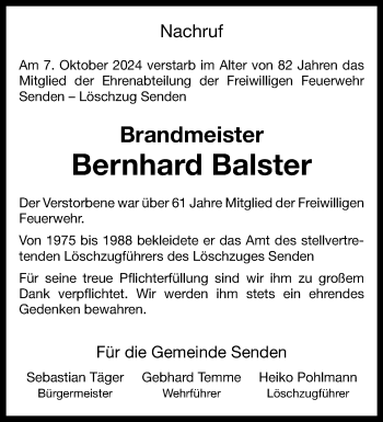 Anzeige von Bernhard Balster 