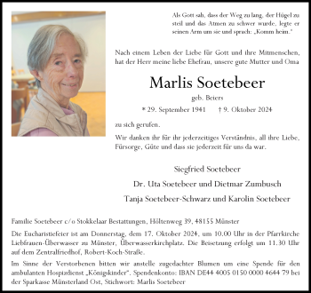 Anzeige von Marlis Soetebeer 