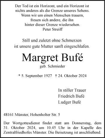 Anzeige von Margret Bufé 