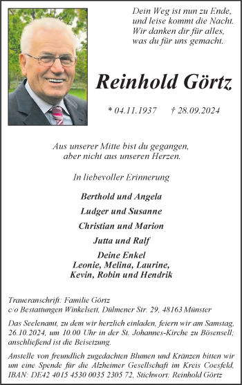 Anzeige von Reinhold Görtz 