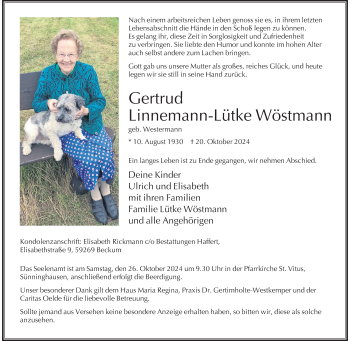 Anzeige von Gertrud Linnemann-Lütke Wöstmann 