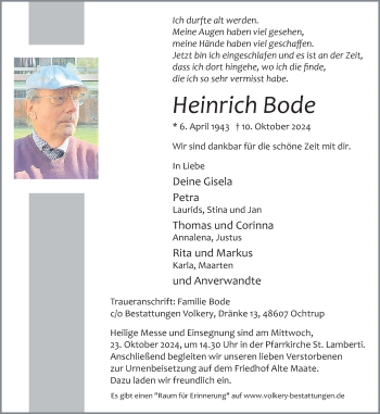 Anzeige von Heinrich Bode 