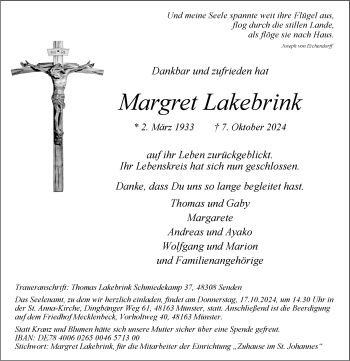 Anzeige von Margret Lakebrink 