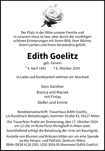 Anzeige von Edith Goelitz 