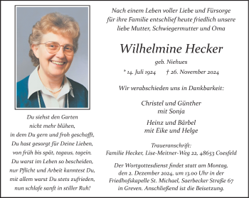 Anzeige von Wilhelmine Hecker 