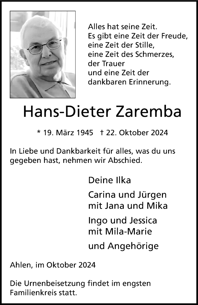  Traueranzeige für Hans-Dieter Zaremba vom 01.11.2024 aus 