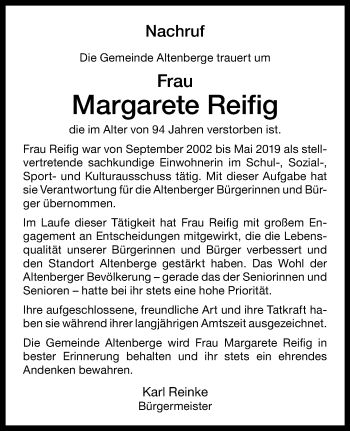 Anzeige von Margarete Reifig 