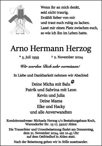 Anzeige von Arno Hermann Herzog 