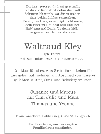 Anzeige von Waltraud Kley 