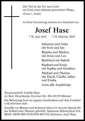 Anzeige von Josef Hase 