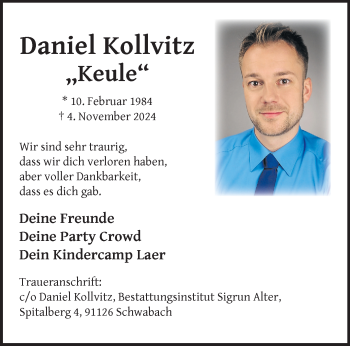 Anzeige von Daniel Kollvitz 