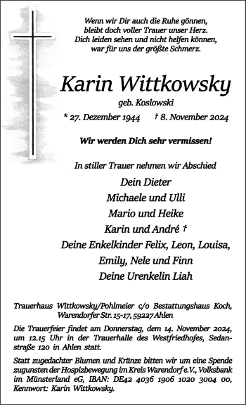 Anzeige von Karin Wittkowsky 