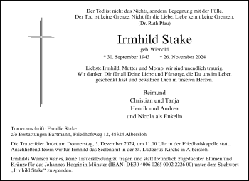 Anzeige von Irmhild Stake 