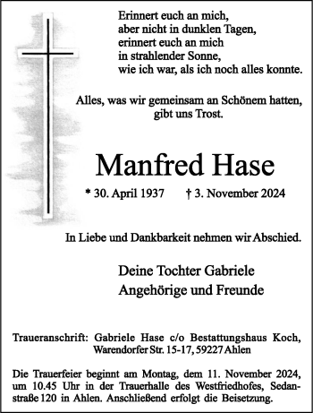 Anzeige von Manfred Hase 