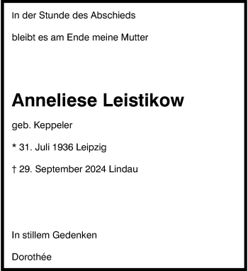 Anzeige von Anneliese Leistikow 