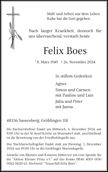 Anzeige von Felix Boes 