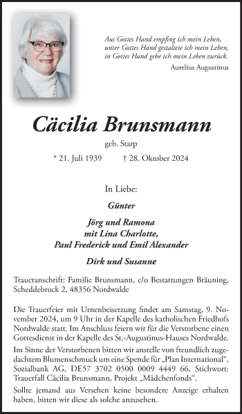 Anzeige von Cäcilia Brunsmann 