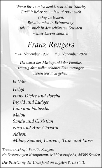 Anzeige von Franz Rengers 