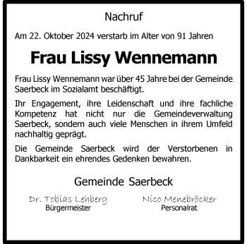 Anzeige von Lissy Wennemann 