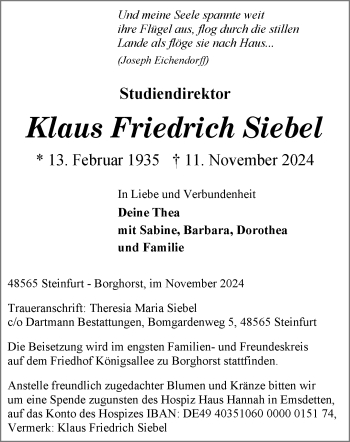 Anzeige von Klaus Friedrich Siebel 