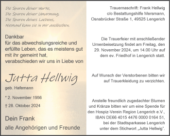 Anzeige von Jutta Hellwig 