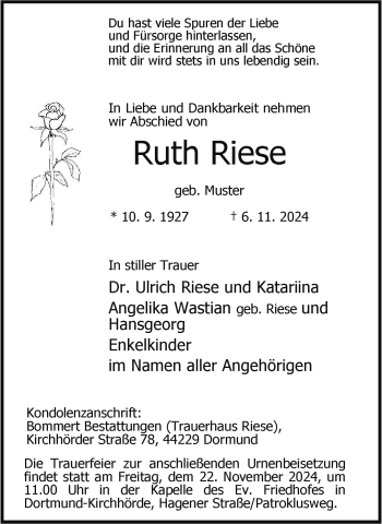 Anzeige von Ruth Riese 