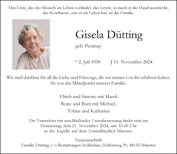 Anzeige von Gisela Gisela Dütting geb. Pentrup (geb. Pentrup) 