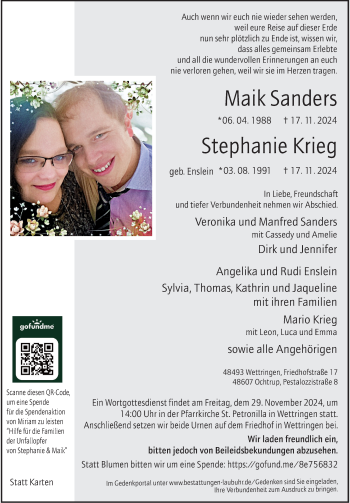 Anzeige von Maik Sanders und Stephanie Krieg 