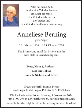 Anzeige von Anneliese Berning 