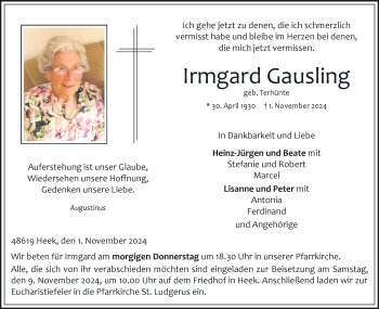 Anzeige von Irmgard Gausling 