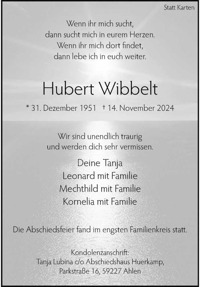  Traueranzeige für Hubert Wibbelt vom 25.11.2024 aus 