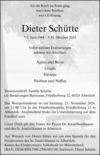 Anzeige von Dieter Schütte 