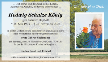 Anzeige von Hedwig Hedwig Schulze König (geb. Schulze Dephoff) 