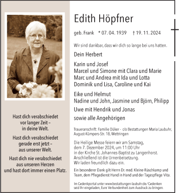 Anzeige von Edith Höpfner 