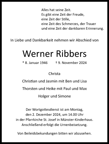 Anzeige von Werner Ribbers 