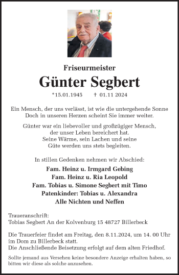 Anzeige von Günter Segbert 