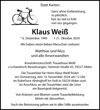 Anzeige von Klaus Weiß 