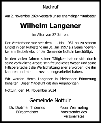 Anzeige von Wilhelm Langener 