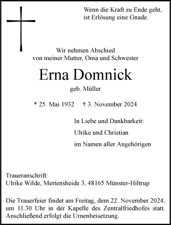 Anzeige von Erna Domnick 