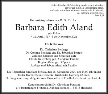 Anzeige von Universitätsprofessorin a.D. Dr. Dr. h.c. Barbara Edith Aland 