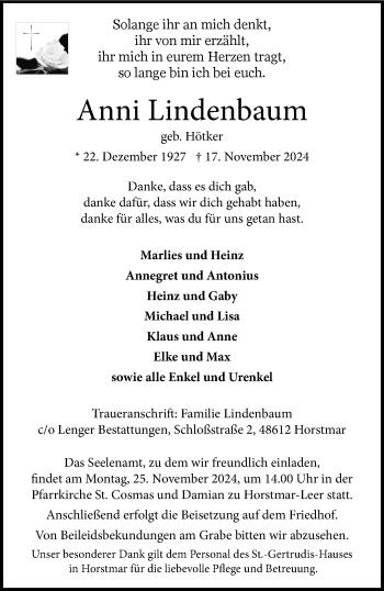 Anzeige von Anni Lindenbaum 