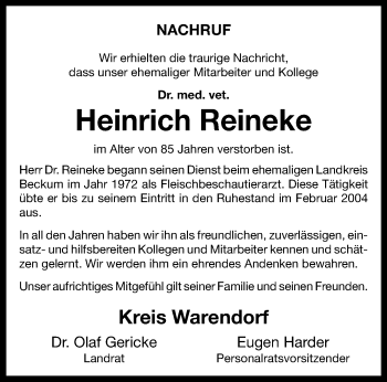 Anzeige von Dr. med. vet. Heinrich Reineke 