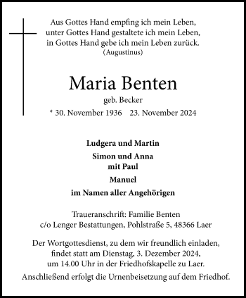 Anzeige von Maria Benten 