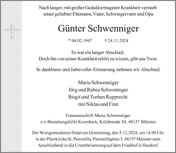 Anzeige von Günter Schwenniger 