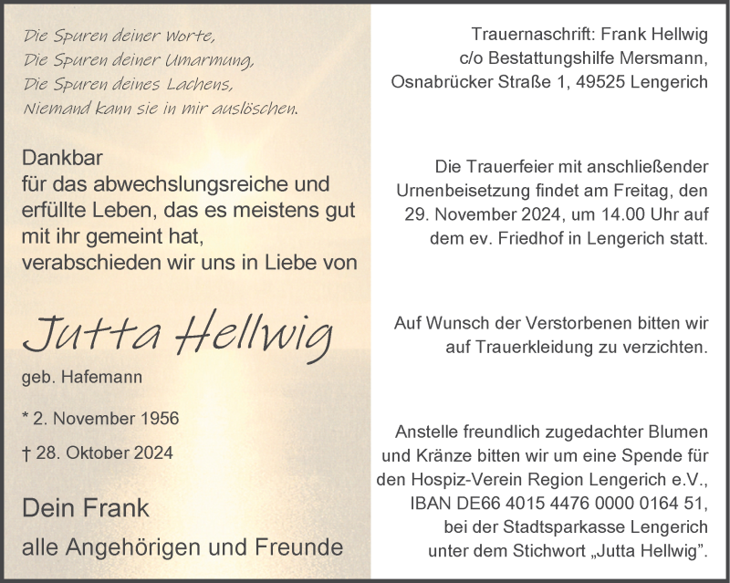  Traueranzeige für Jutta Hellwig vom 16.11.2024 aus 