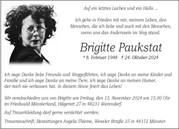 Anzeige von Brigitte Paukstat 