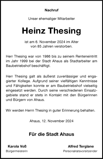 Anzeige von Heinz Thesing 