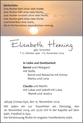 Anzeige von Elisabeth Heming 