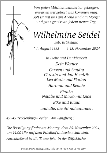 Anzeige von Wilhelmine Seidel 